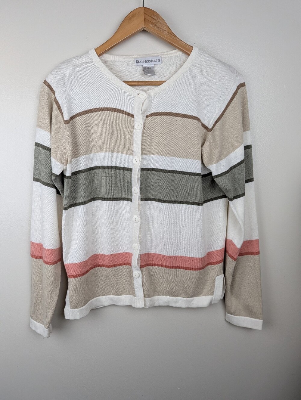 Dress Barn Striped White Tan Multi Color Long Sleeve Cardigan Sweater Women's S